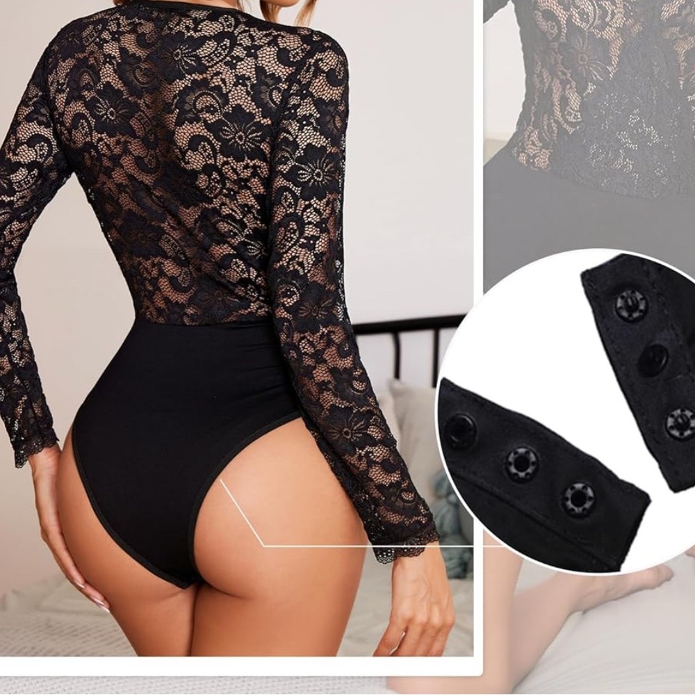 NWTIP SZ M Avidlove Lace Bodysuit Women Long Sleeve V Neck BodySuit Black Thong